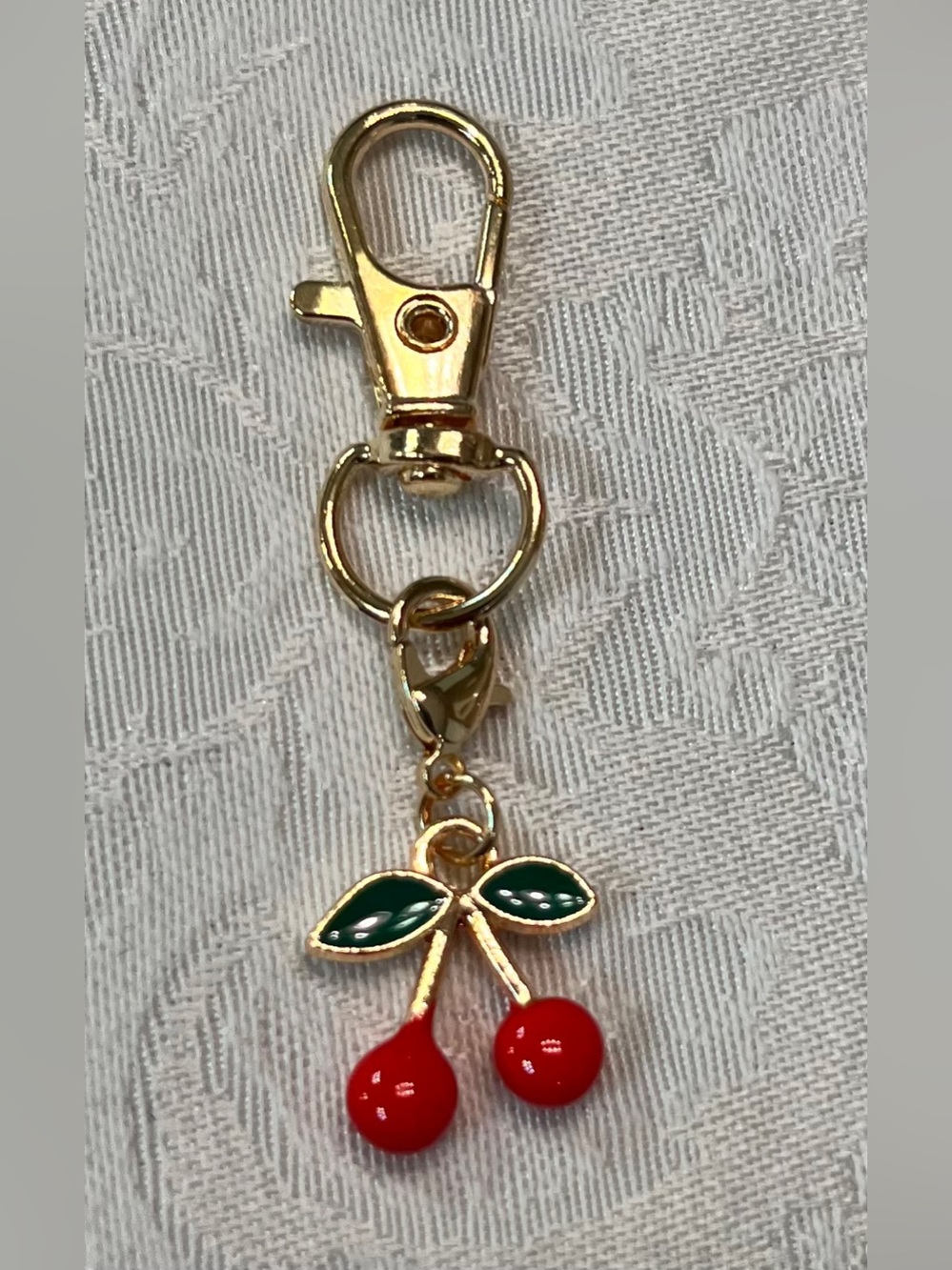 Gold Tone Keychain Charm with Enamel Cherries